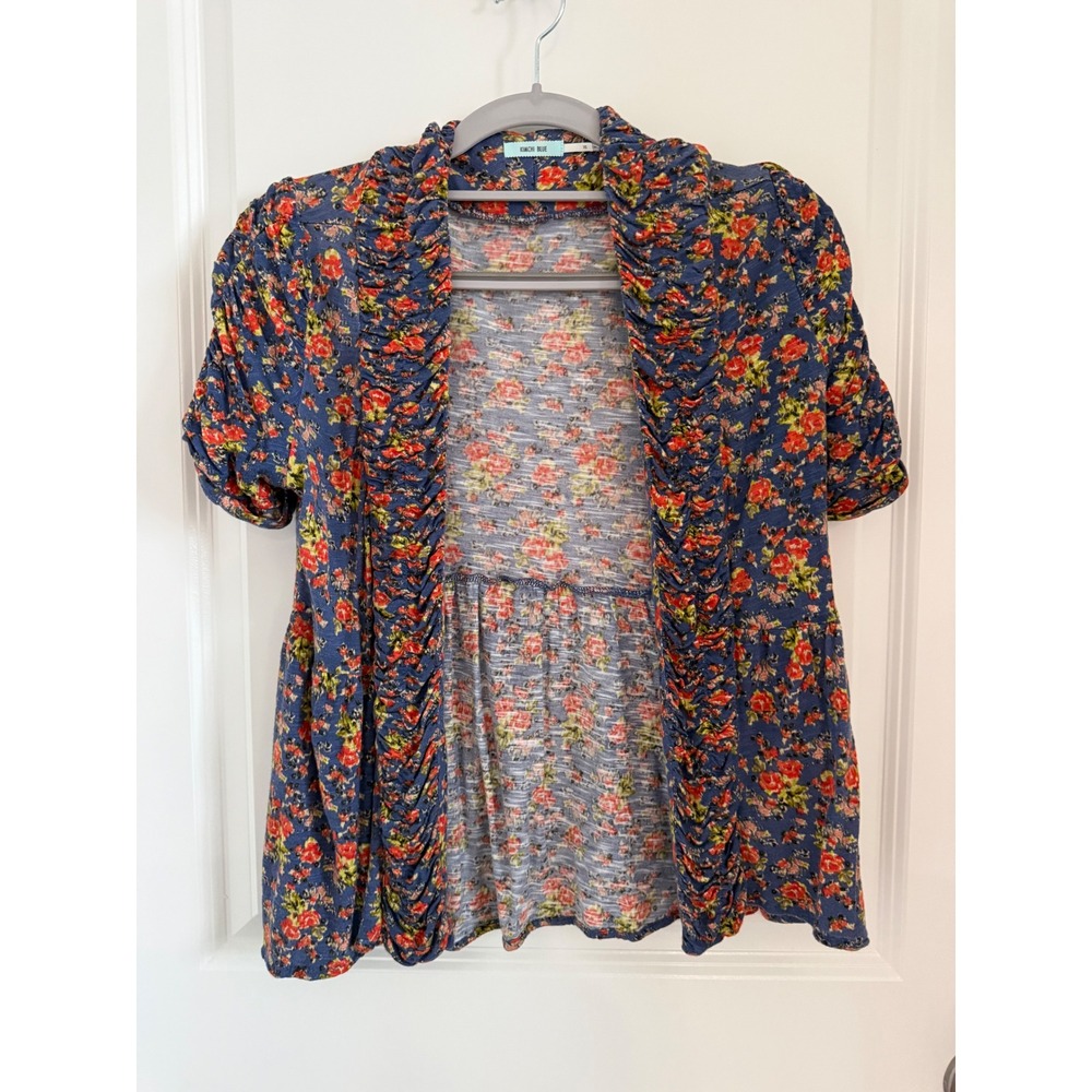 Kimchi Blue Women's XS Blue Floral Ruched Puff Sleeve Peplum Cardigan Top